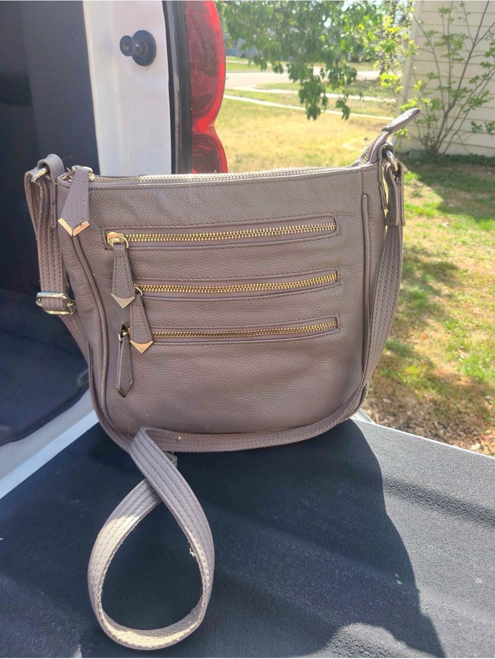Taupe Crossbody Bag with Gold Zippers
